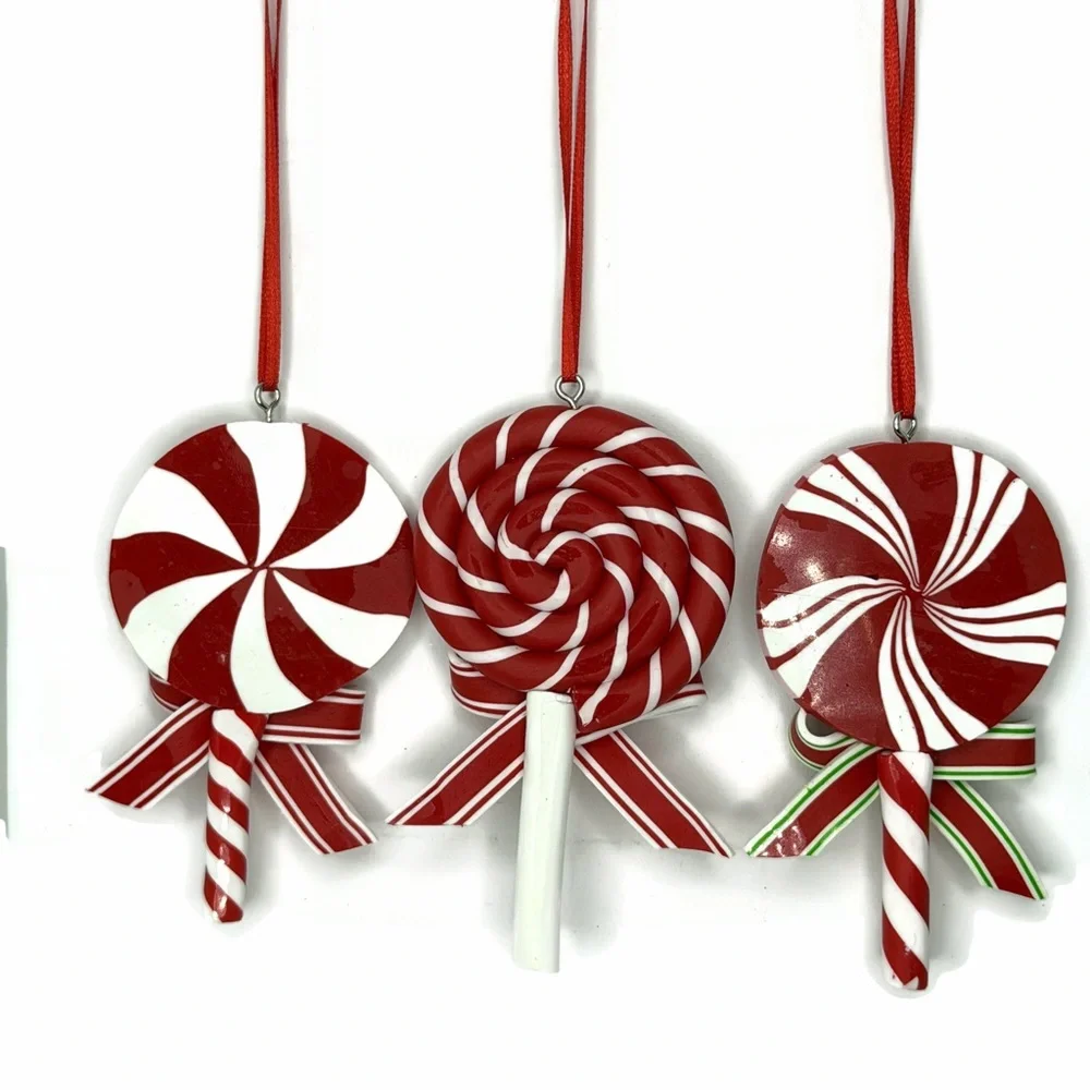 Red White Lollipop Swirl Ornaments Set of 3